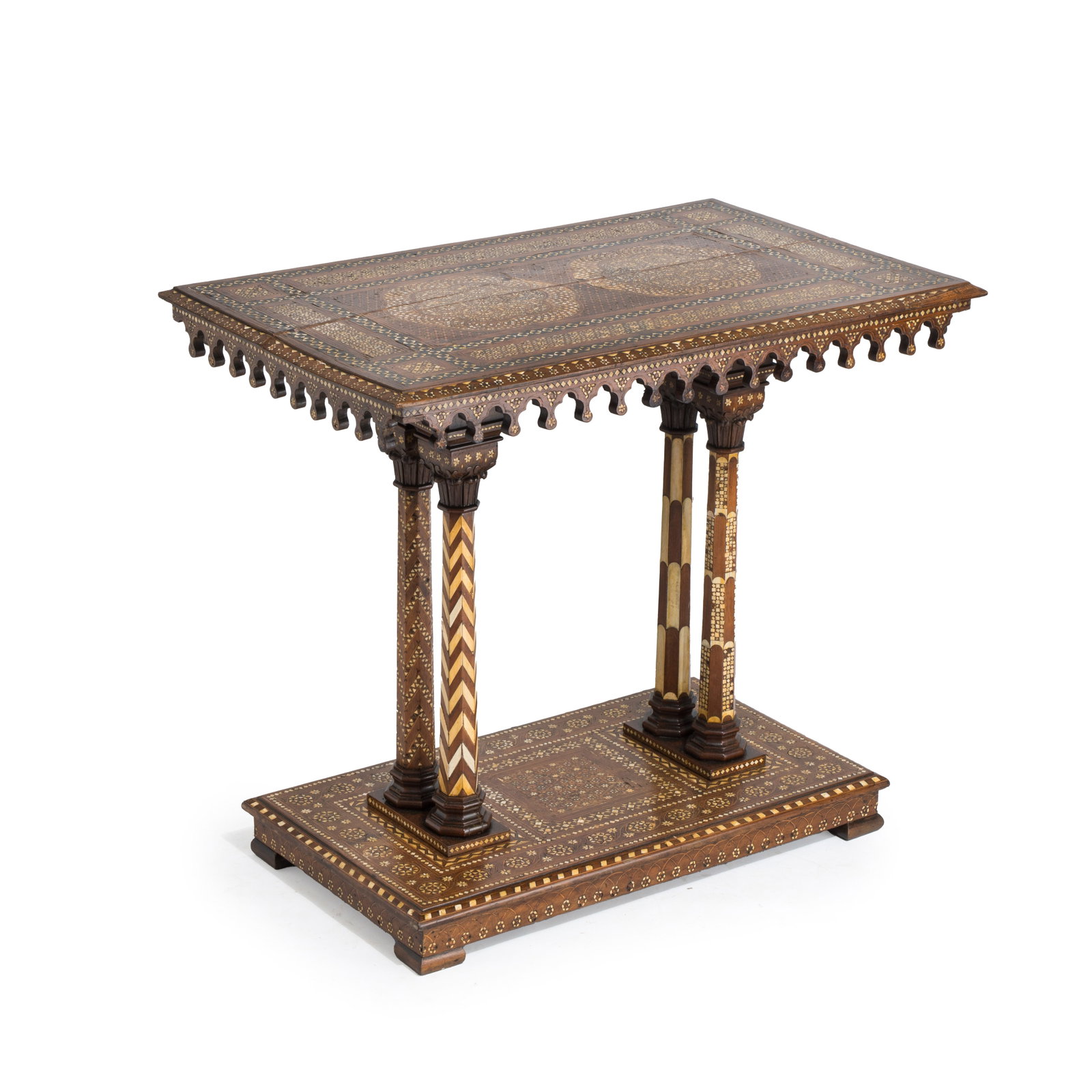 An Italian walnut, ebonised wood and bone-inlaid ‘alla certosina’ centre table, 19th C. (1 of 7)