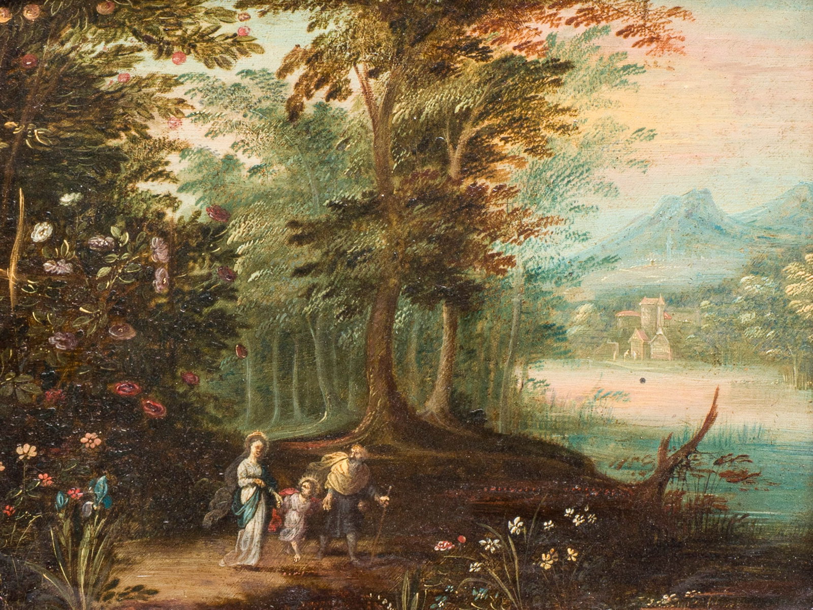 Jan van Kessel the Younger (Antwerp, 1654 – Madrid, 1708): 'The Holy Family in a Forest: Jan van Kessel the Younger (Antwerp, 1654 – Madrid, 1708): 'The Holy Family in a Forest Landscape', oil on copper, signed, 17th C. Dim: 27,9 x 32,8 cm | the frame Dim: 16 x 21 cm | the work Signed l