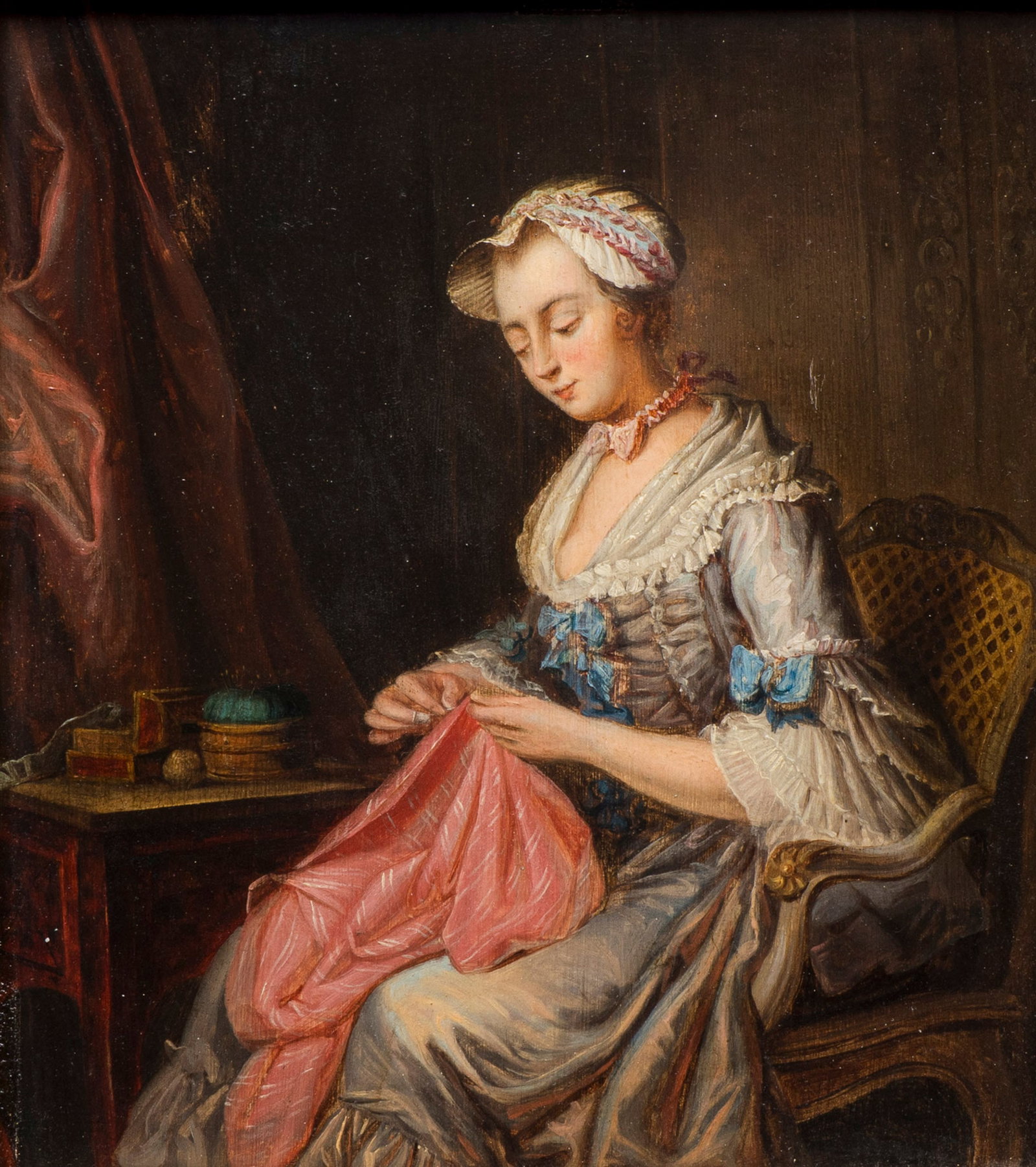 Jean-Gaspard Heilmann (France, 1718 - 1760): 'The Seamstress', oil on panel, 18th C.: Jean-Gaspard Heilmann (France, 1718 - 1760): 'The Seamstress', oil on panel, 18th C. Dim: 40,5 x 44 cm | the frame Dim: 25 x 28,5 cm | the work
