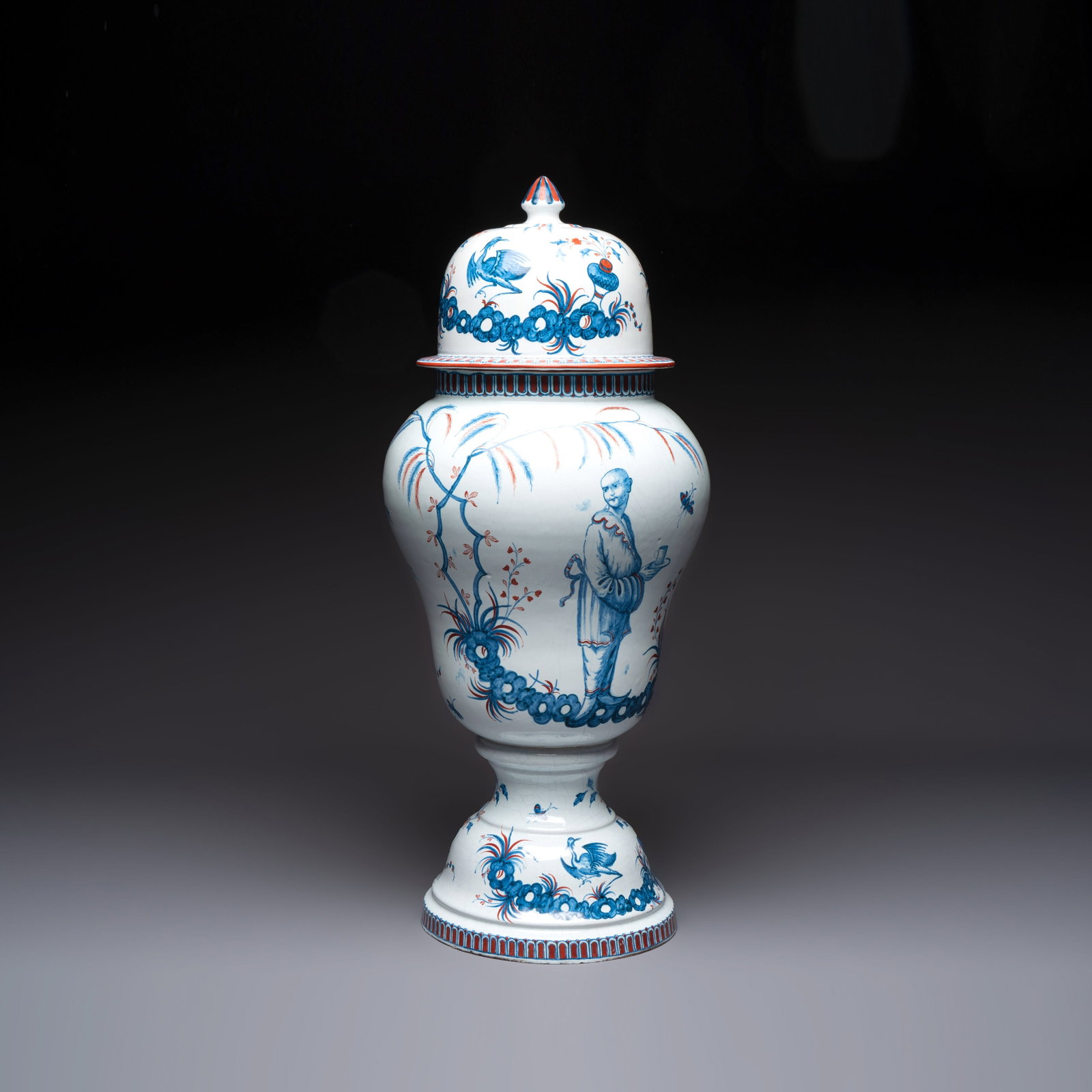 A rare Italian faience vase and cover with chinoiserie design, Pasquale Rubati workshop, Milan, 3rd: A rare Italian faience vase and cover with chinoiserie design, Pasquale Rubati workshop, Milan, 3rd quarter 18th C. H.: 66 cm | incl. cover