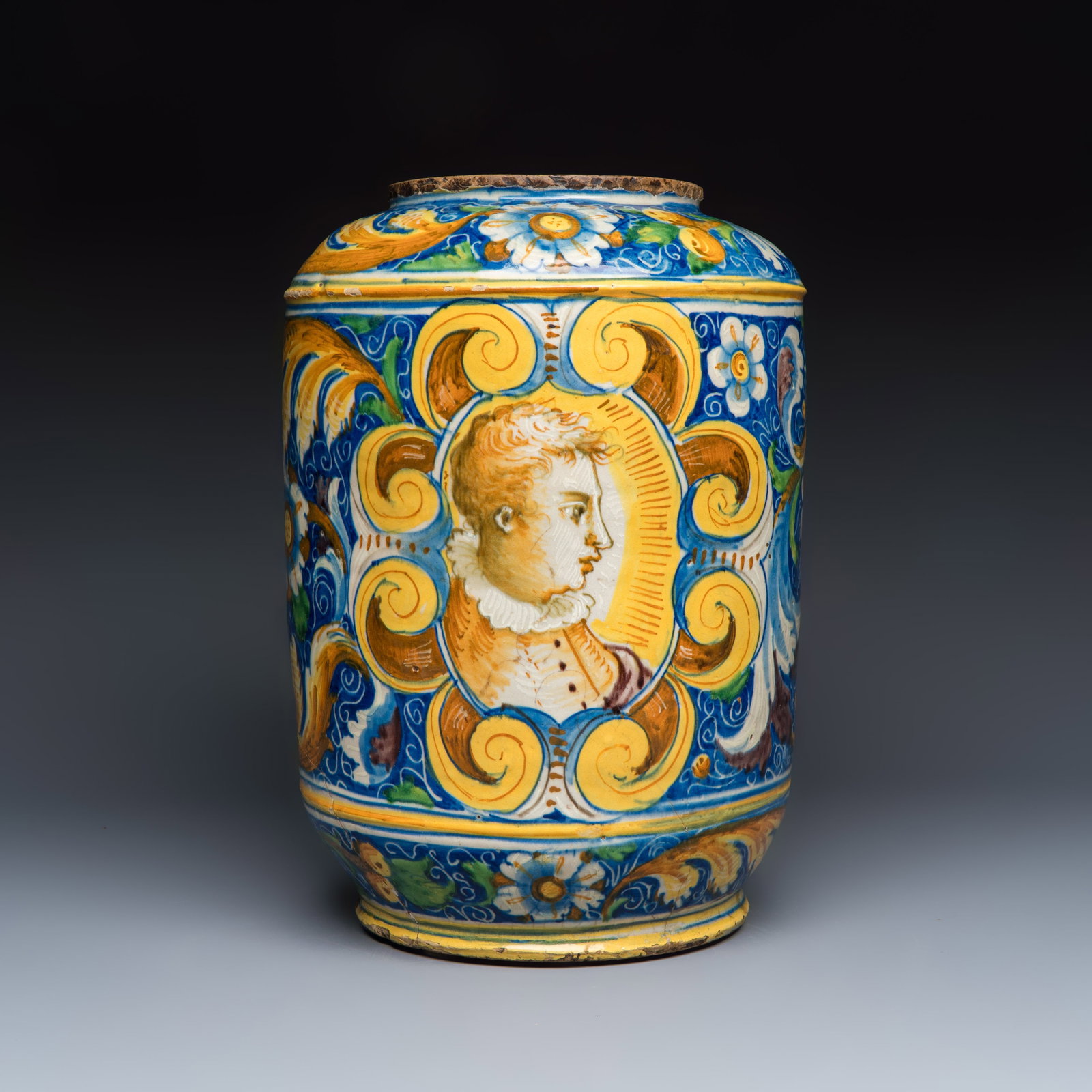 A large polychrome Italian maiolica albarello with portrait medallions, workshop of Maestro (1 of 6)