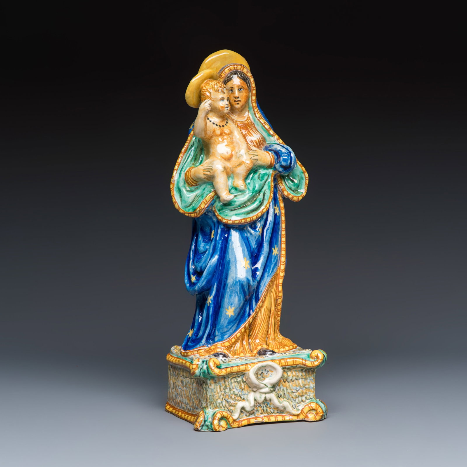 A rare polychrome Italian maiolica sculpture of the Virgin with Child, Urbino, probably Patanazzi (1 of 7)