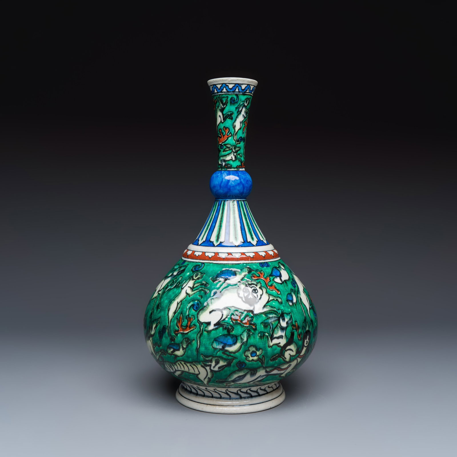 A Samson Iznik-style green-ground bottle vase with animals, France, 19th C. (1 of 6)