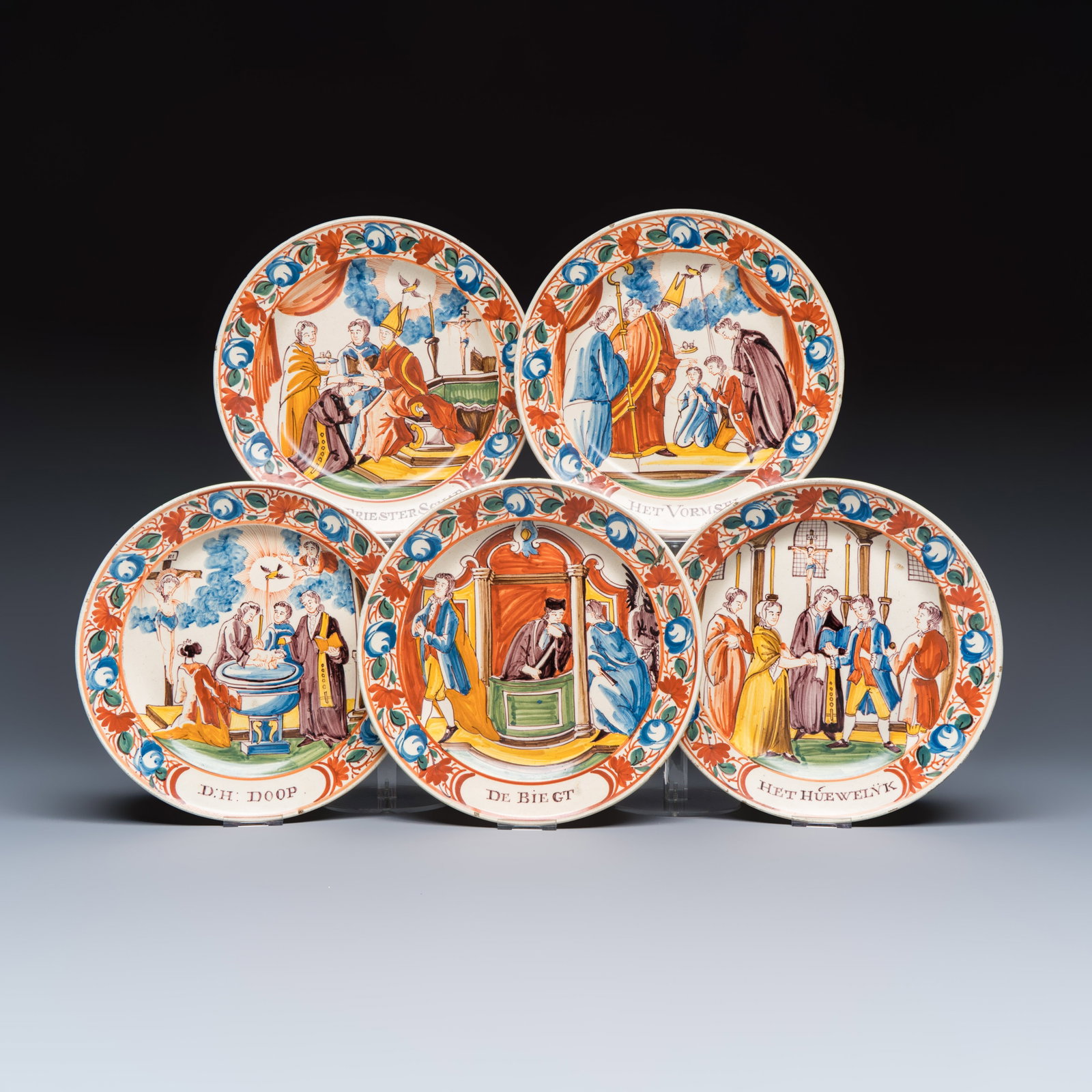 Five polychrome Dutch-decorated English creamware 'Sacraments' plates, Piccardt Delft, 19th C. (1 of 11)