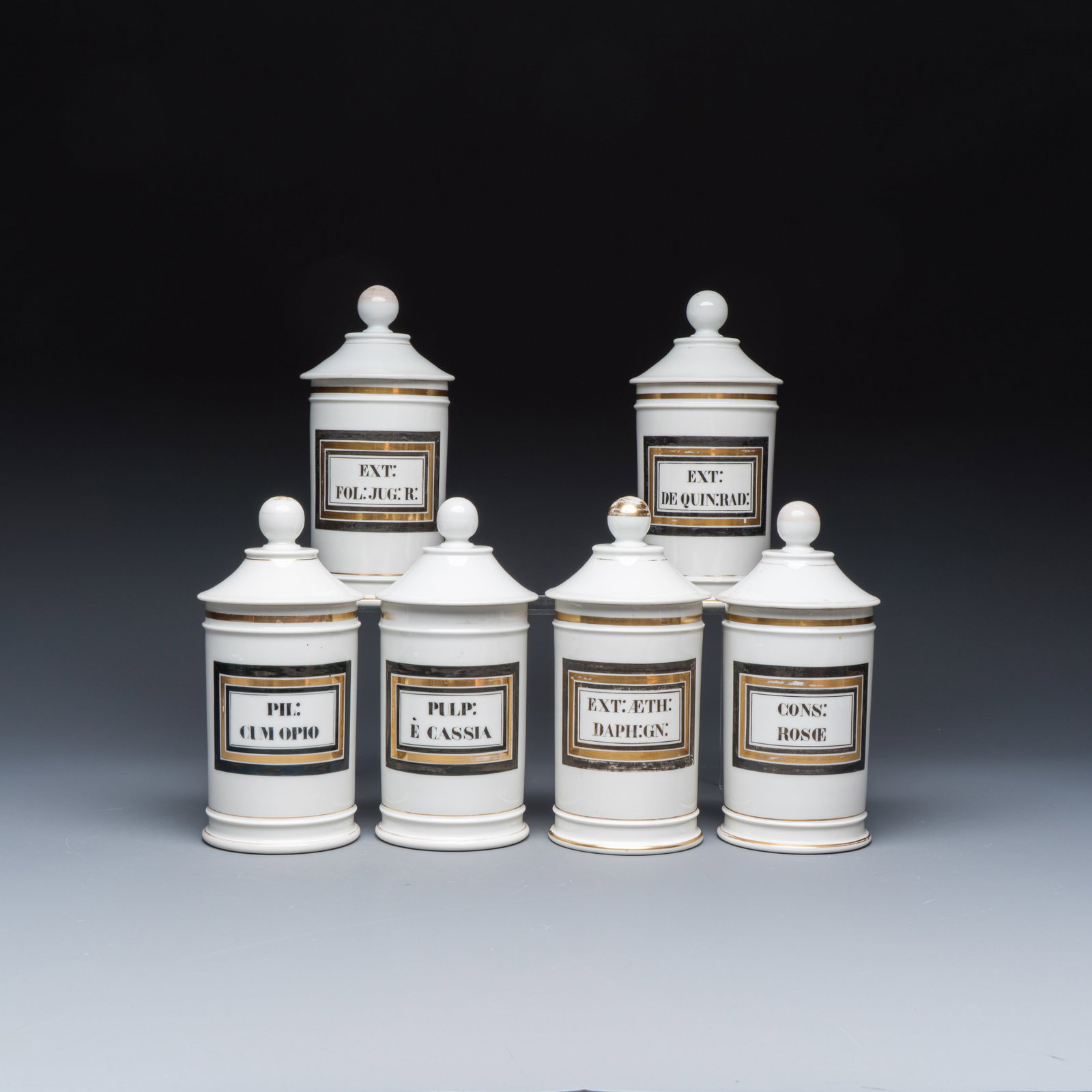 Six French gilt-decorated inscribed apothecary jars and covers, 19th C.: Six French gilt-decorated inscribed apothecary jars and covers, 19th C. H.: 23,5 cm | incl. cover Provenance: A Dutch private collection.
