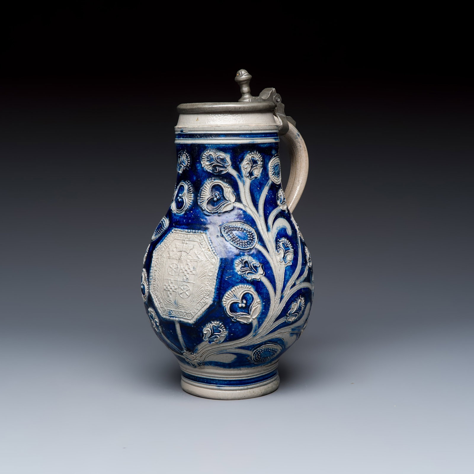 A Westerwald tankard with a mounted pewter lid, Germany, dated 1680 (1 of 8)