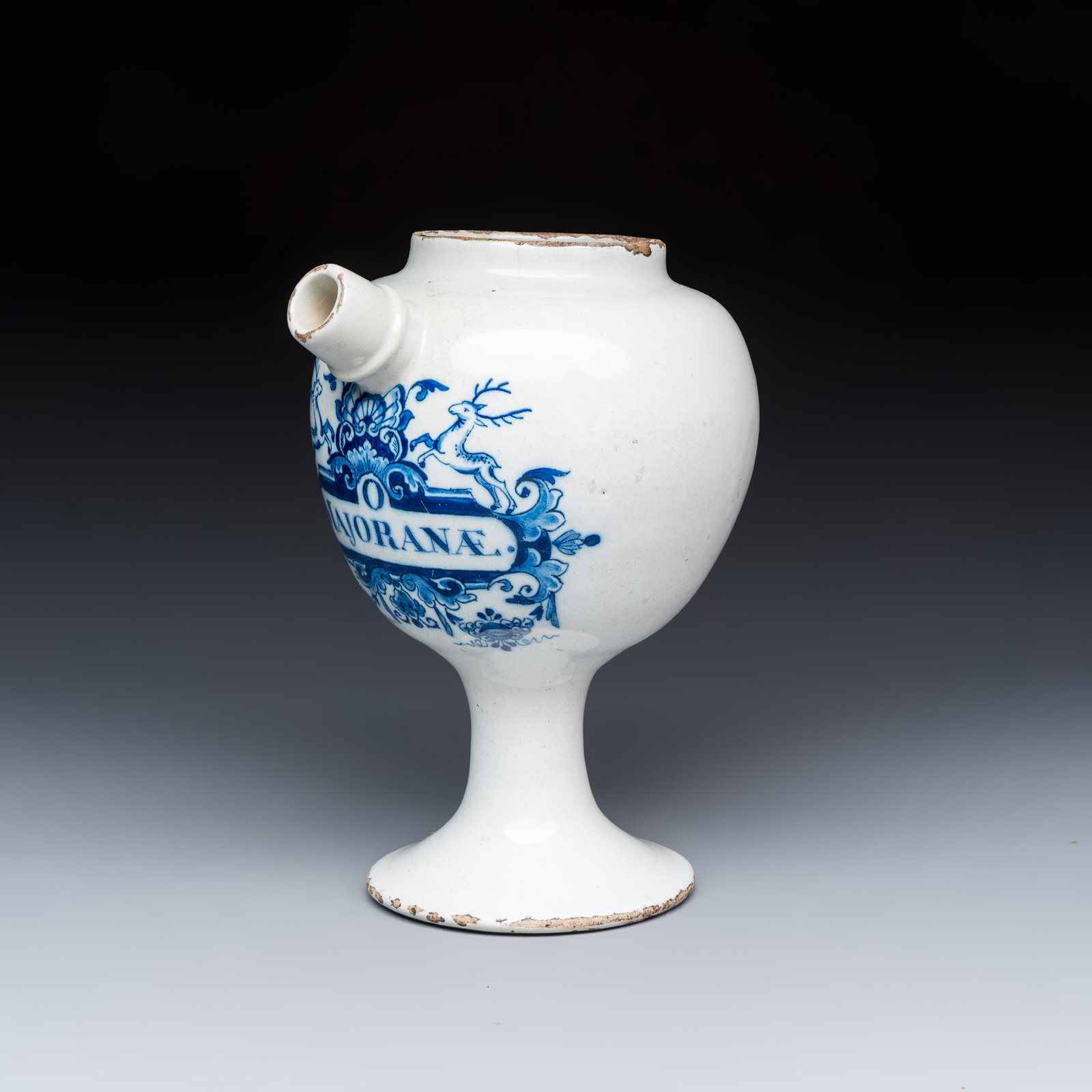 A rare blue and white Dutch Delft wet drug or syrup jar inscribed 'O MAJORANAE', 18th C. (1 of 7)
