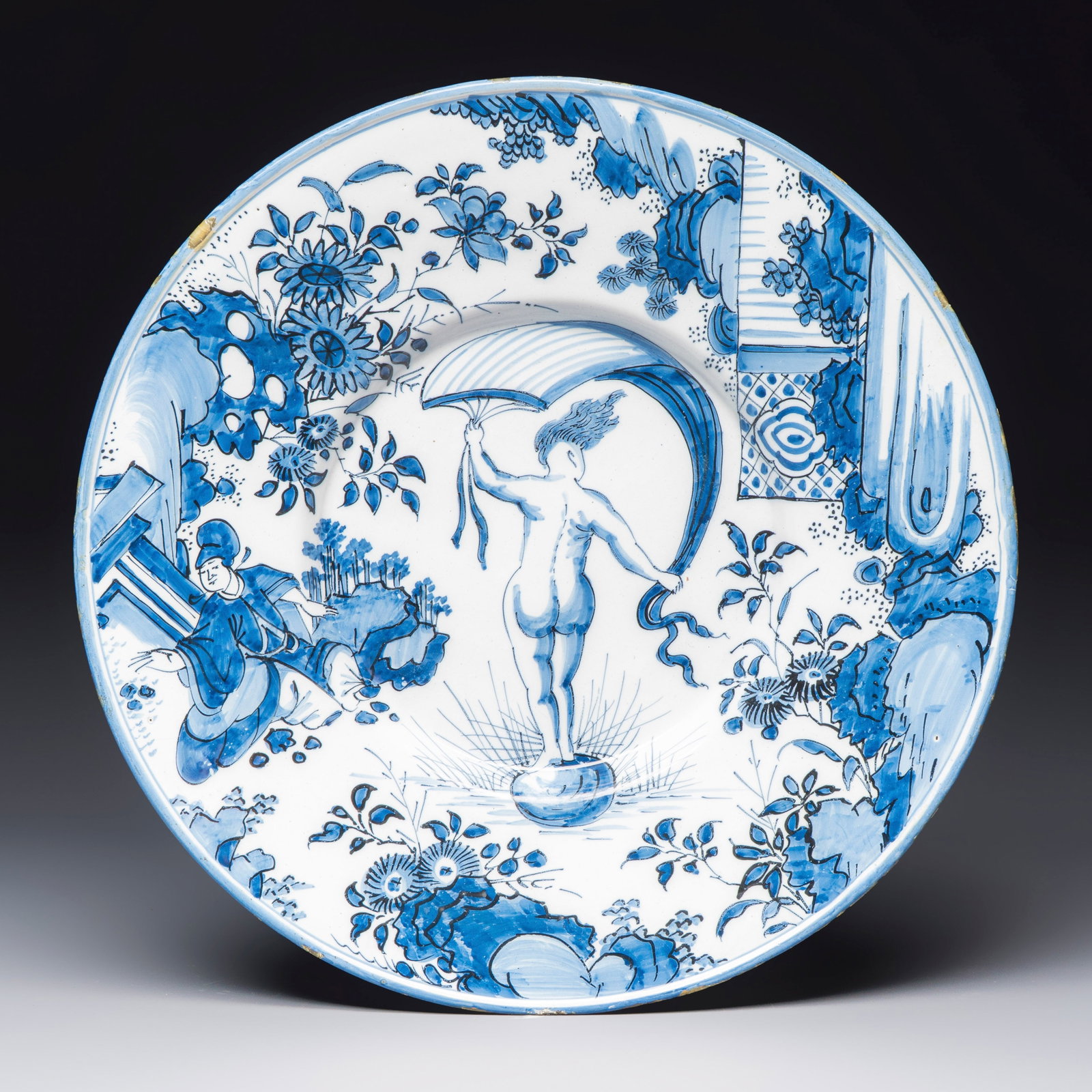 A fine blue and white Dutch Delft 'Birth of Venus' dish, 18th C. (1 of 2)