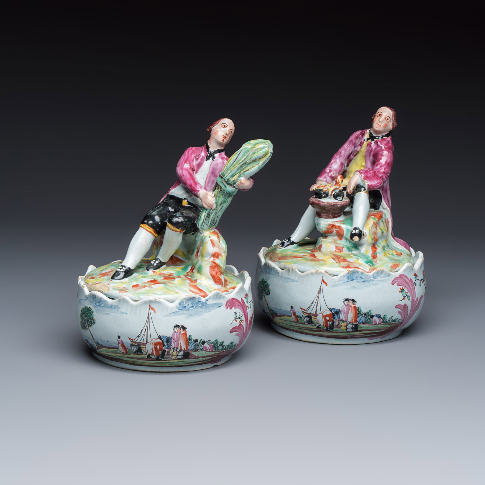 A pair of polychrome Dutch Delft petit feu butter tubs with allegorical depictions of the seasons,: A pair of polychrome Dutch Delft petit feu butter tubs with allegorical depictions of the seasons, 18th C. Dia.: 12,1 cm - H.: 15,8 cm