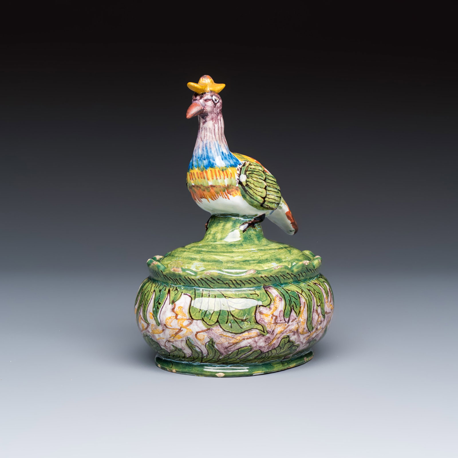A rare polychrome Dutch Delft butter tub with a crowned bird, 18th C. (1 of 8)