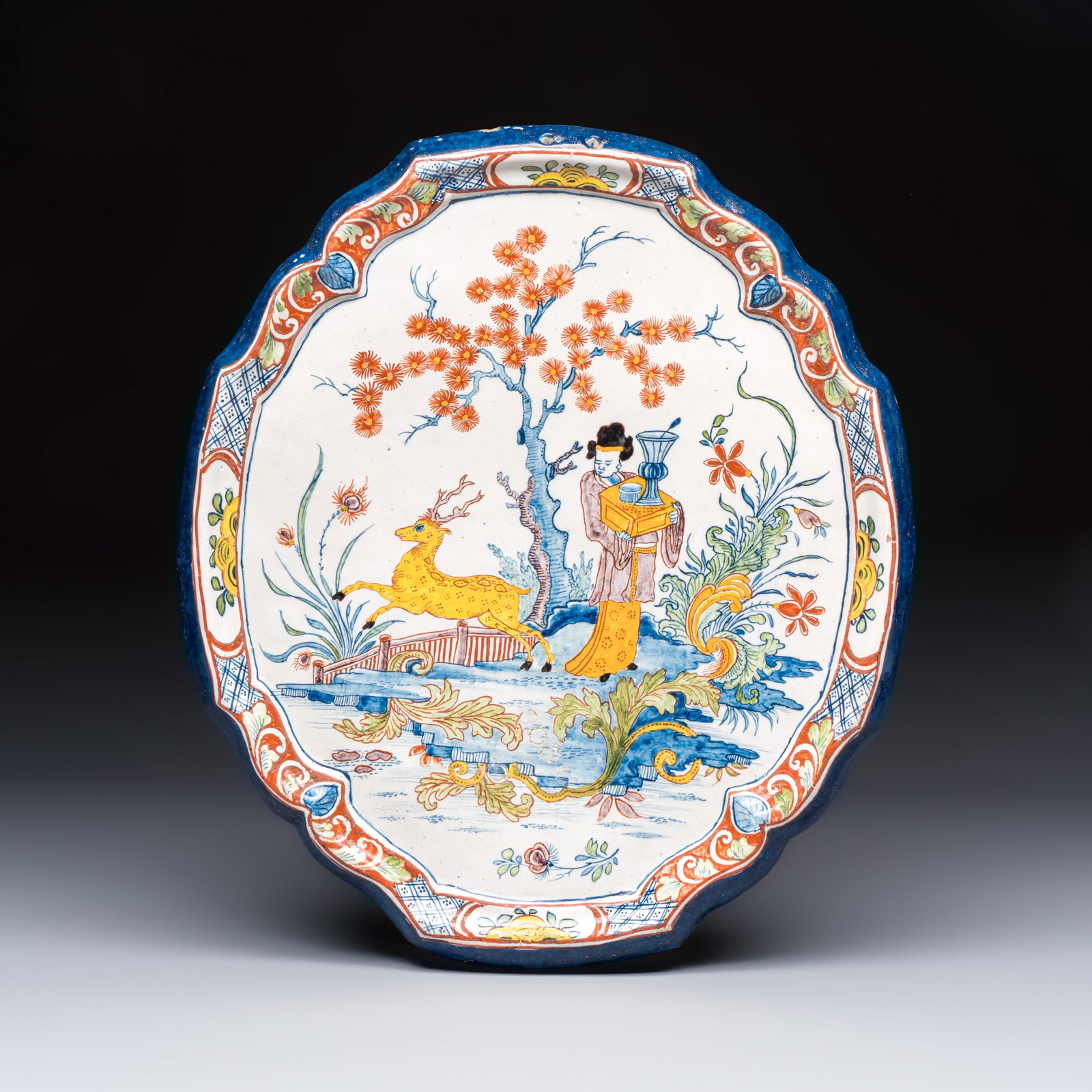 A polychrome Dutch Delft chinoiserie 'Deer and Beauty' plaque, 18th C.: A polychrome Dutch Delft chinoiserie 'Deer and Beauty' plaque, 18th C. Dim: 35 x 30,5 cm