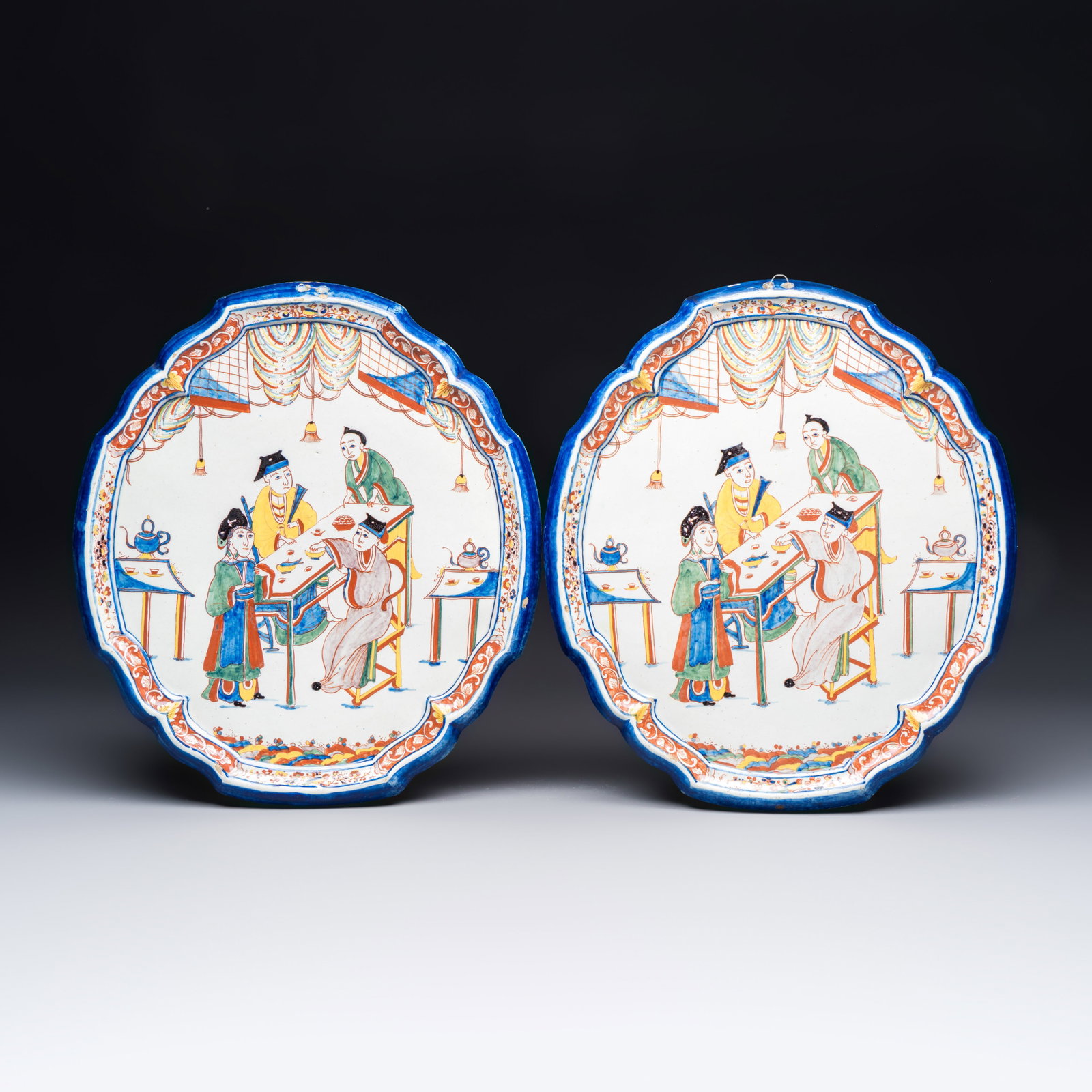 A pair of polychrome Dutch Delft chinoiserie plaques, 18th C. (1 of 2)