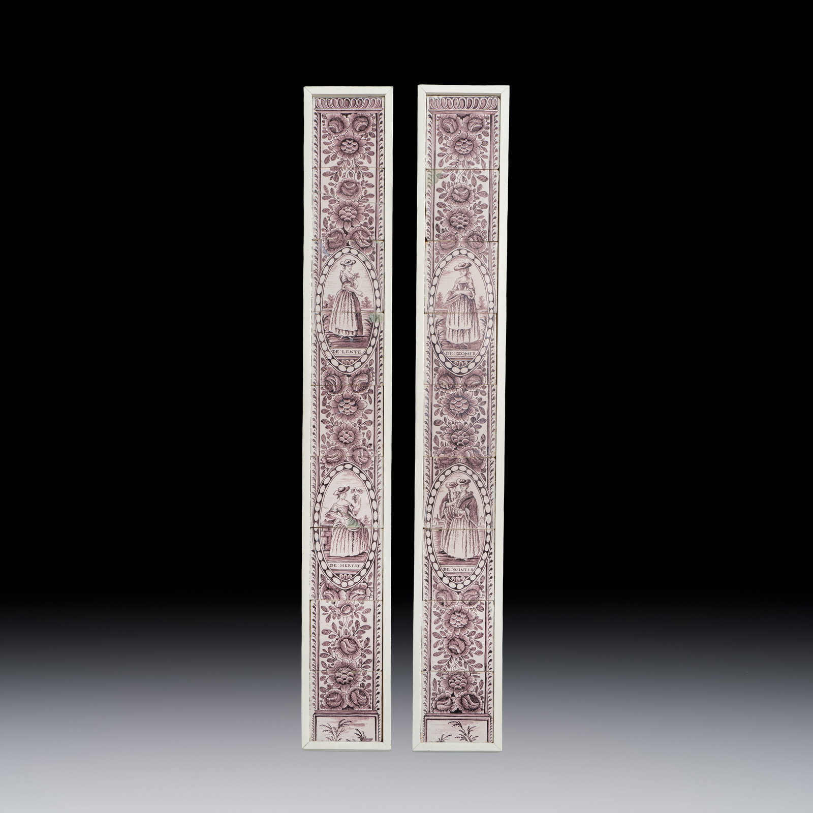 A pair of manganese Dutch Delft 'Four Seasons' 9-piece tile pillars, 18th C. (1 of 1)