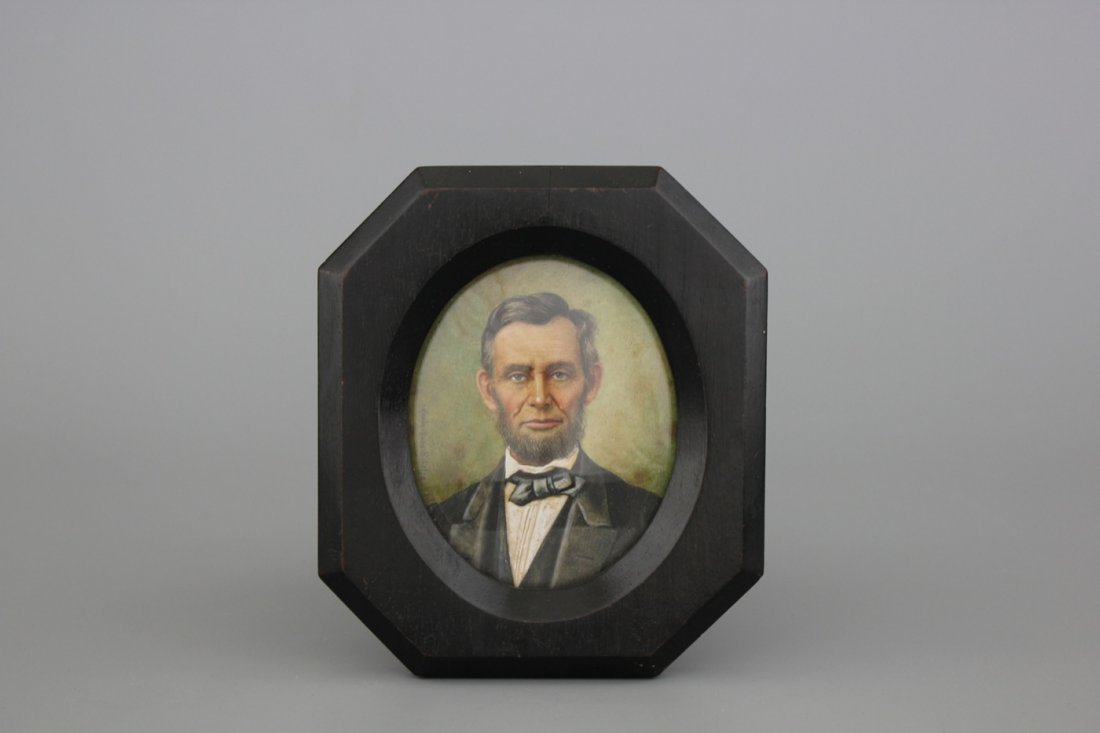 Maximilan Scholze, a miniature: A portrait of Abraham: With an old label on the back: "Abraham Lincoln, President, the United States of America. 1864. Painting of Maximilian Scholze. Dimensions frame: 14,5 x 12,5 cm.