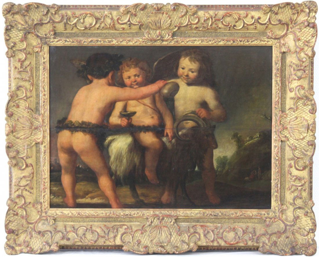 Salomon de Bray (1597-1664), att., Three putti playing: Oil on panel. A central split slightly visible. In an impressive gilt frame. Provenance: Ex-coll. Van Herck. Dim.: 64 x 48 cm, 86 x 70 cm framed.