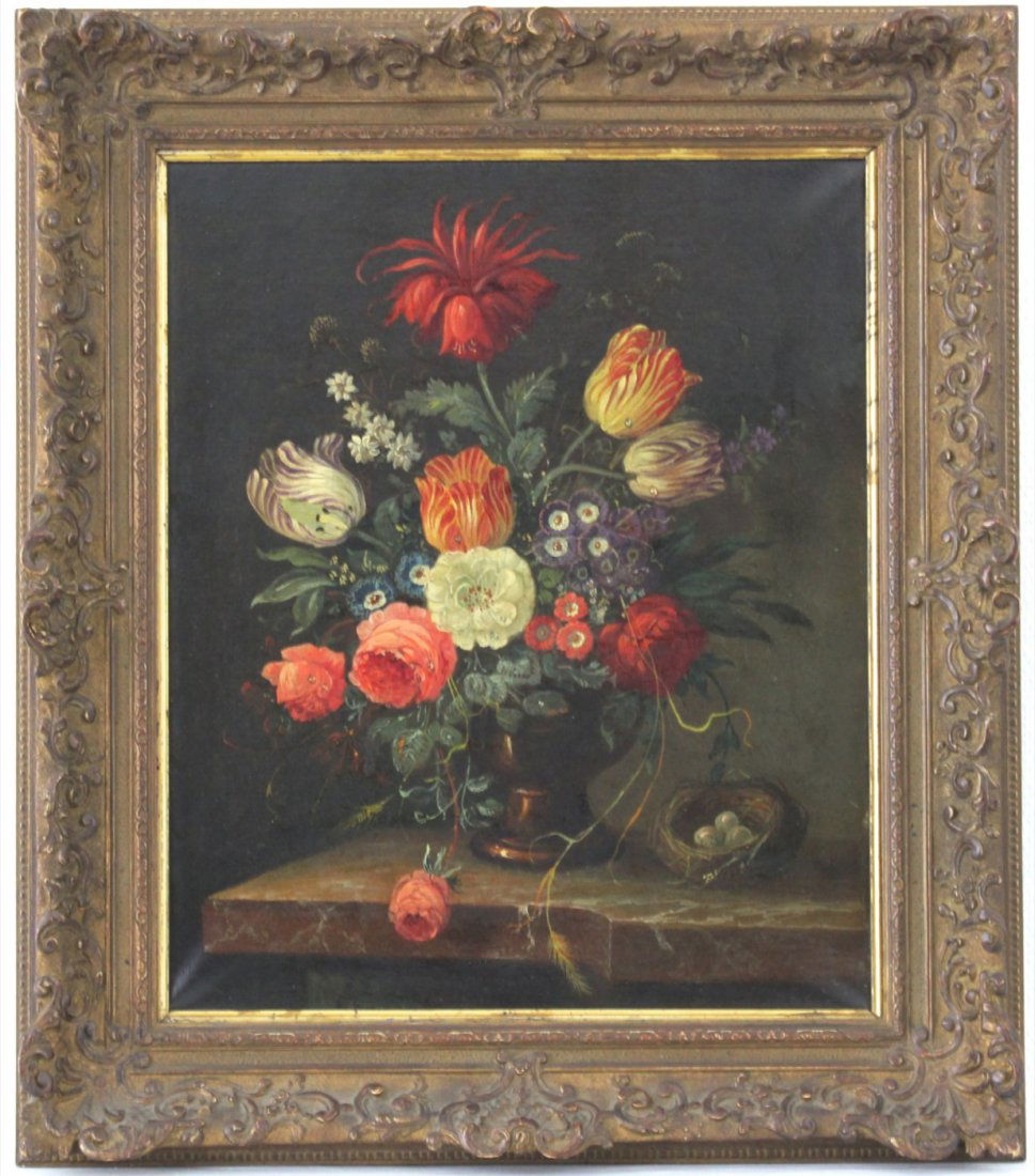 A still life with flowers, Dutch School, 19th C.: Indistinctly signed lower right. Dim.: 51 x 42 cm, 66 x 57 cm framed.