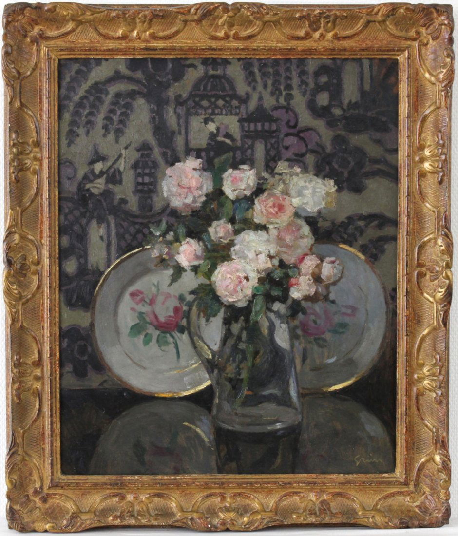 Jules Alexandre GrÃ¼n (1868-1934), A still life with: Oil on canvas. Dim.: 61 x 50 cm, 75 x 64 cm framed.