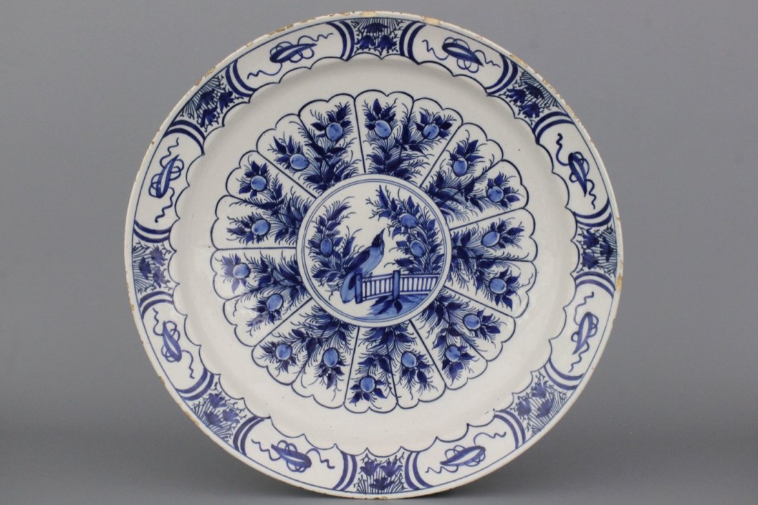 A massive Dutch Delft blue and white dish, 18th C.: 44 cm wide