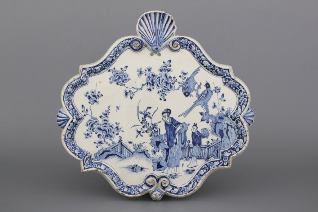 A large Dutch Delft blue and white chinoiserie plaque,: Dim.: 34 x 36 cm
