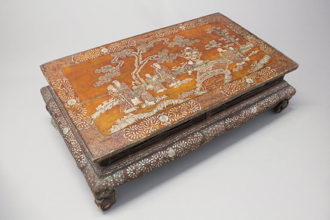 A Chinese wood and mother of pear inlaid tea table, (1 of 2)