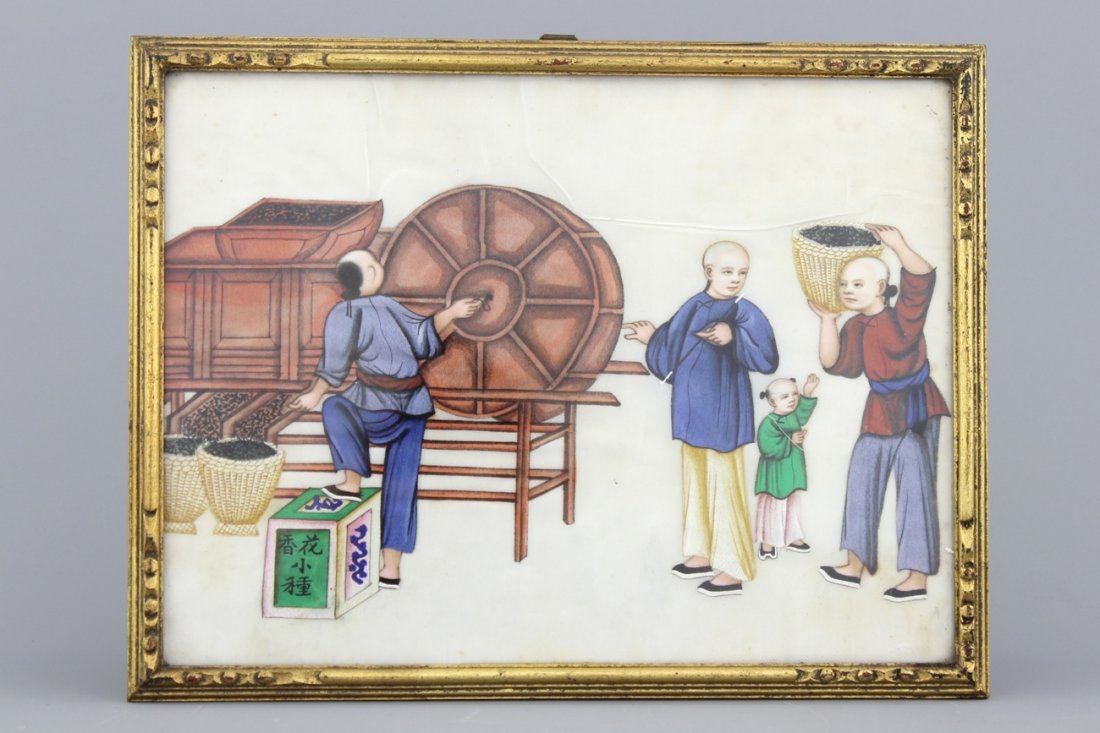 A Chinese Canton rice paper painting of the tea: Dim. 26 x 20 cm