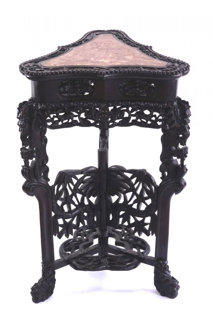 A Chinese carved wood and marble triangular vase stand (1 of 1)