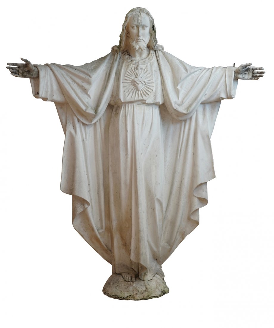 A massive 190 cm plaster cast of the "Most Sacred Heart: H: ca. 190 cm Made in two parts, the hands detachable. Origin: The De Wispelaere workshop of important historical reproductions. More info about the workshop on our blog on our website.