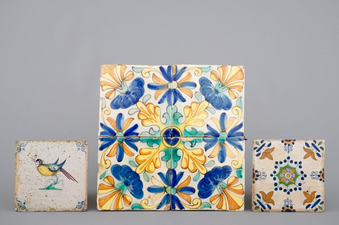 A lot of 6 Spanish and Dutch Delft polychrome tiles, (1 of 2)