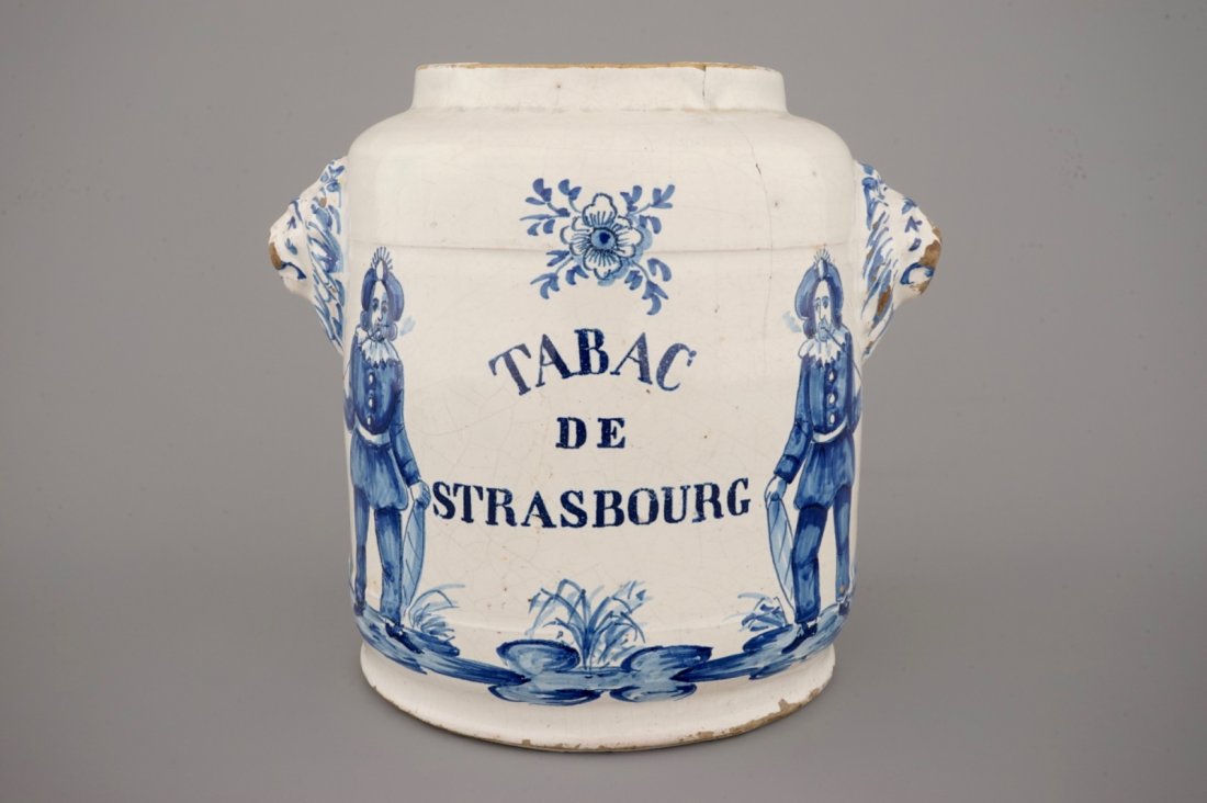 A Brussels faience tobacco jar "Tabac de Strasbourg",: H: 26 cm