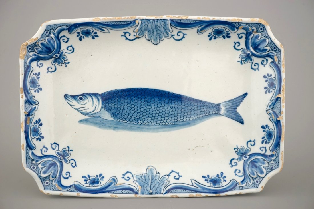 A Dutch Delft blue and white rectangular herring dish, (1 of 2)