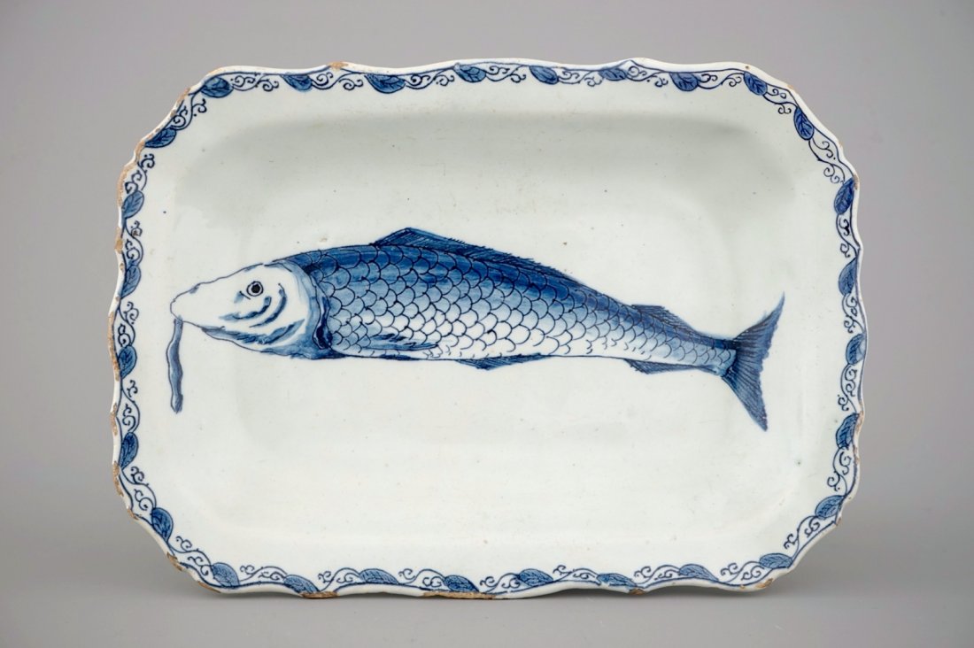 A Dutch Delft blue and white rectangular herring dish, (1 of 2)