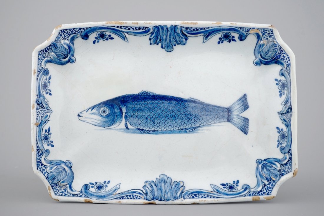 A Dutch Delft blue and white rectangular herring dish, (1 of 2)