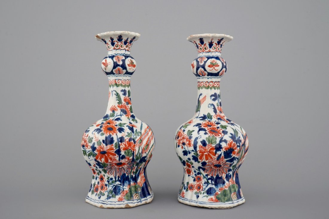 A pair of Dutch Delft ribbed garlick neck vases in (1 of 6)