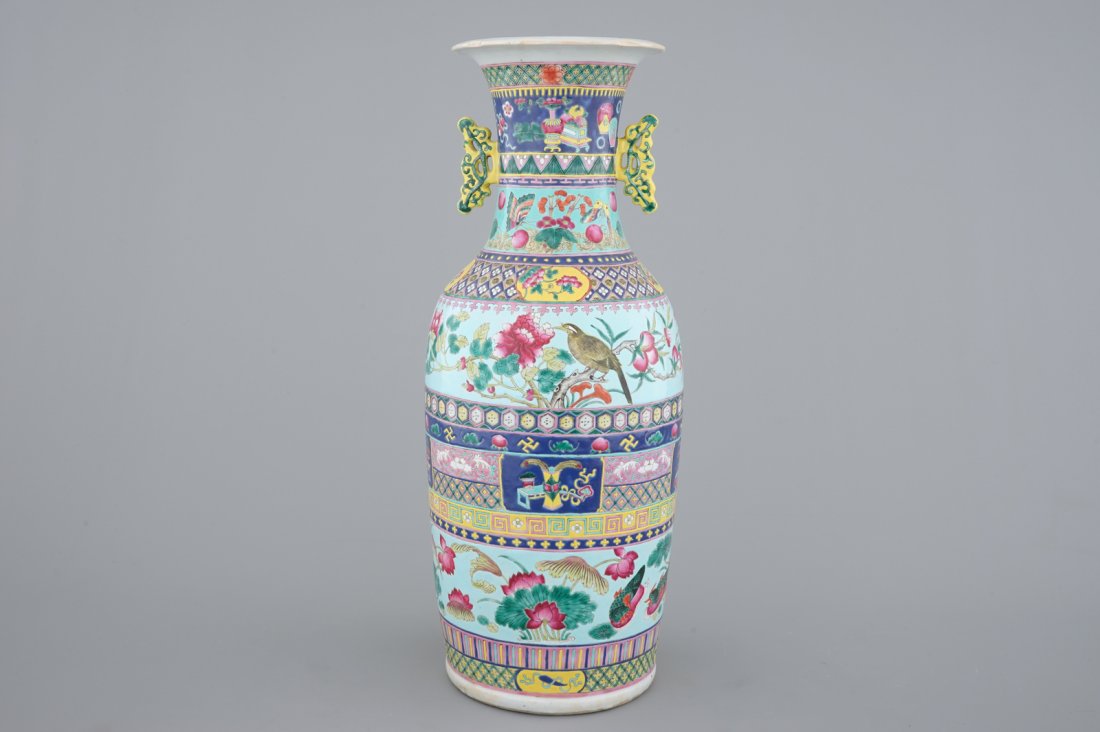 A tall Chinese famille rose vase with birds among: H: 58 cm