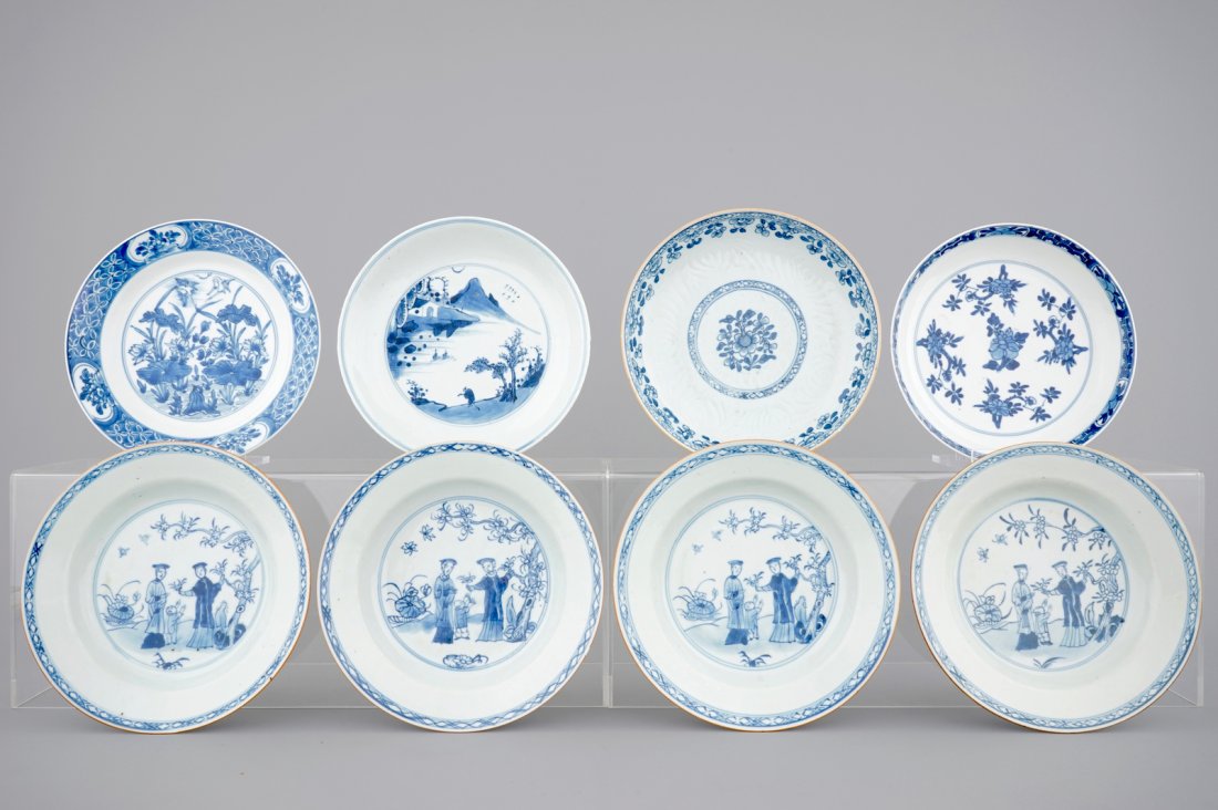 A set of 8 blue and white 18th C. plates: A set of 4 (1 of 2)