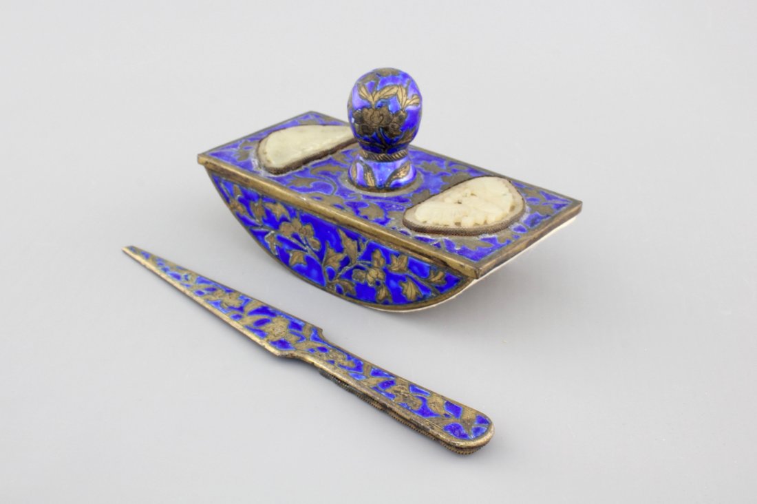 An enameled bronze and inset jade writing set, 19th C. (1 of 1)