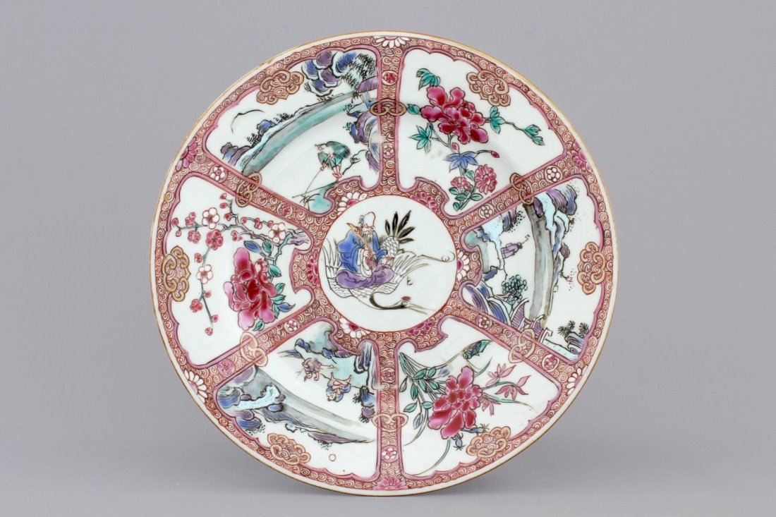 A Chinese famille rose porcelain plate with Shou Lao on: Dia.: 22,5 cm Provenance: The Van Herck collection, Antwerp