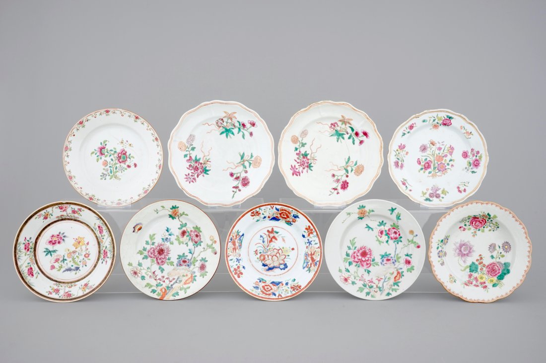 A set of 9 famille rose export porcelain plates, (1 of 2)