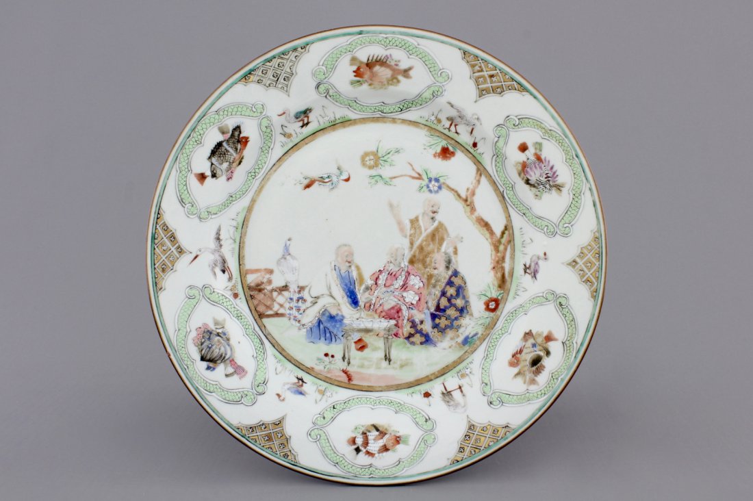 A Chinese famille rose porcelain "Doctor's Visit" plate: Dia.: 23 cm