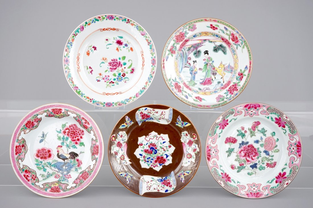 A set of five Chinese famille rose porcelain plates, (1 of 2)