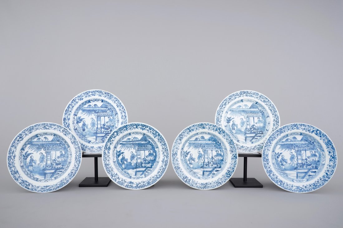 A set of six Chinese blue and white figural plates, (1 of 2)