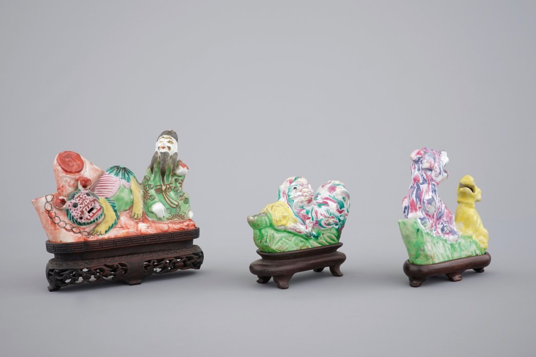 Three Chinese brush rests on wooden stands, 18th C. (1 of 7)