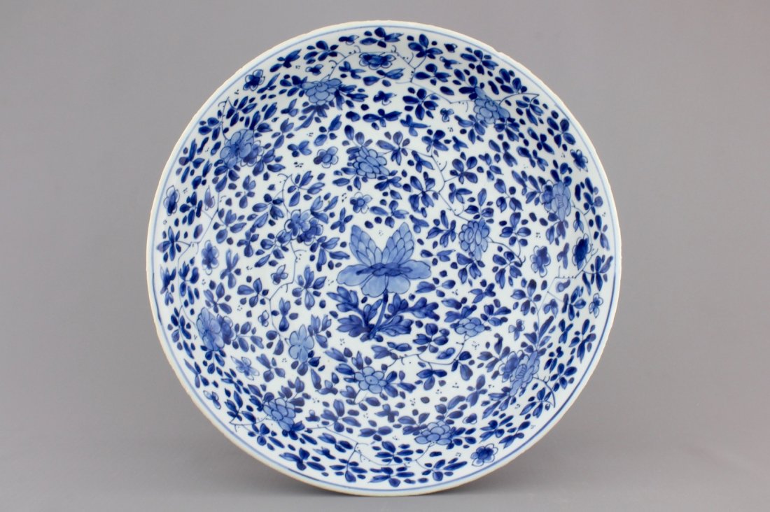 A blue and white Chinese porcelain dish with floral: Dia.: 34 cm