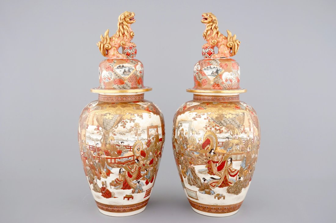 A very tall pair of Japanese Satsuma vases and covers, (1 of 6)