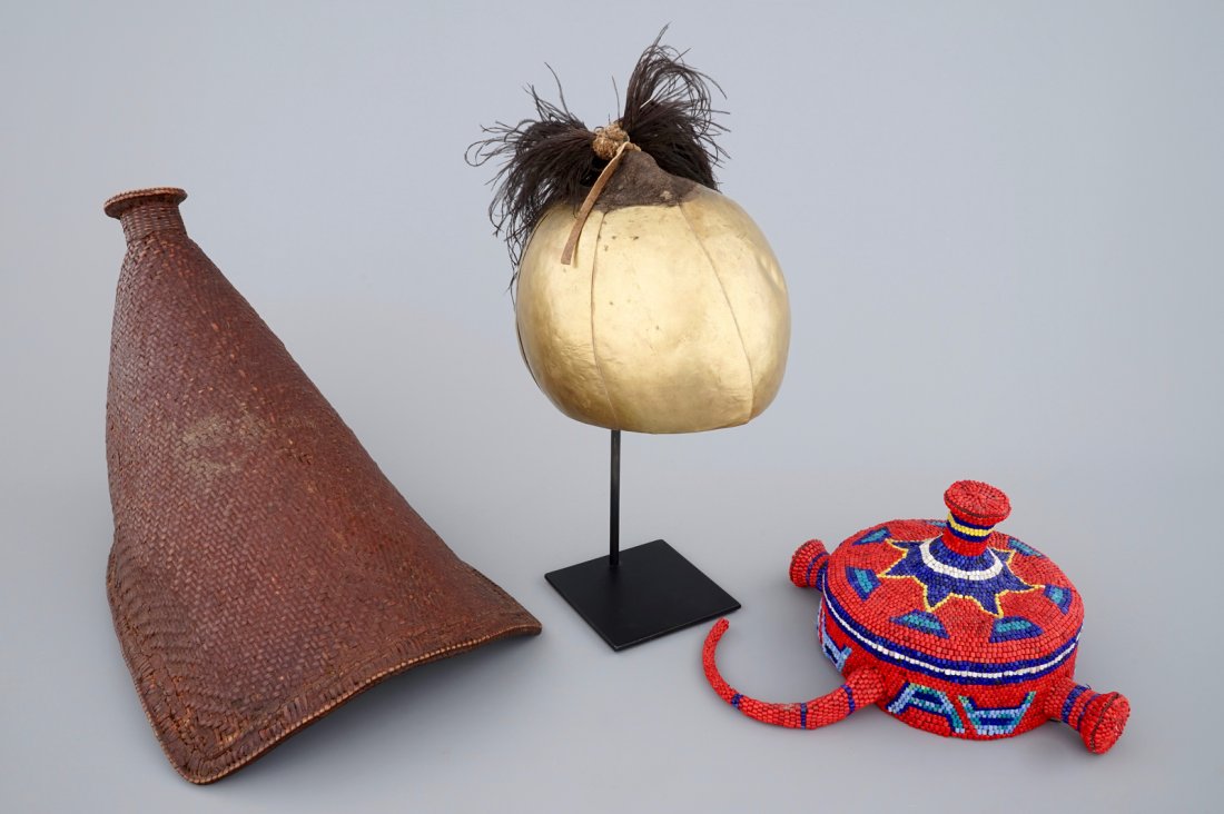 Two African hats and a Sudanese helmet, mid 20th C. (1 of 7)