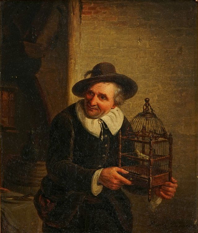 Jean-Henri De Coene (1798-1866), "The fowler", oil on: Dim.: 42,2 x 38,2 cm (frame)Dim.: 25 x 21 cm