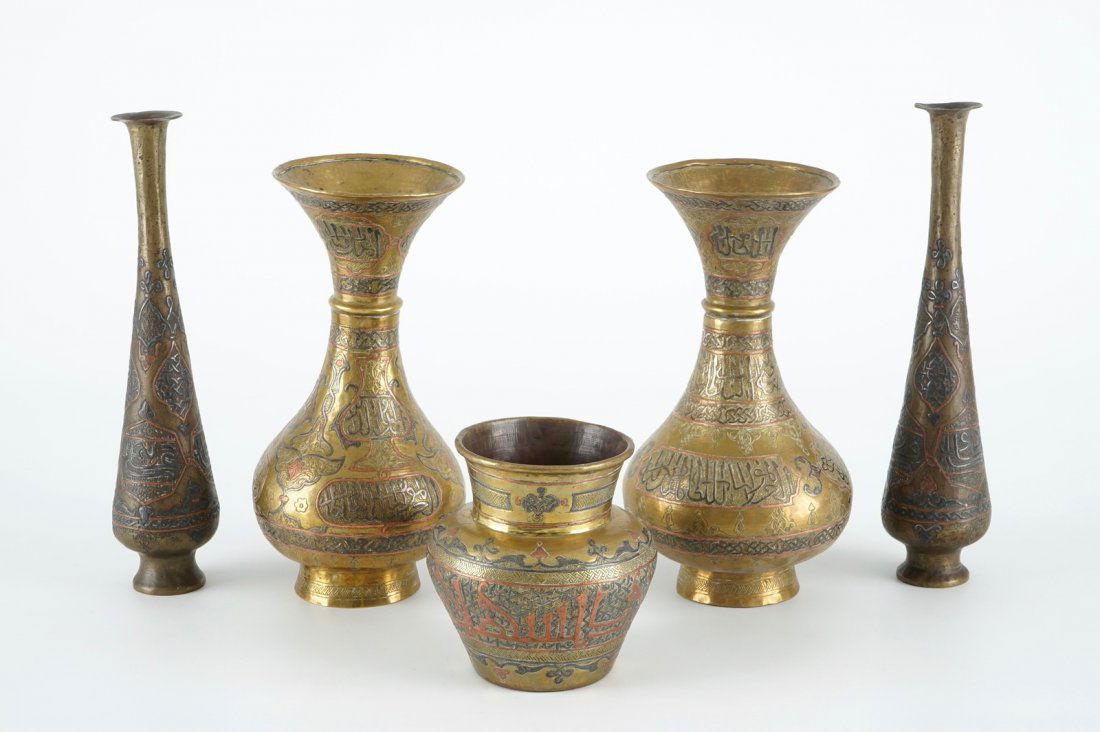 Two pairs of Cairoware brass vases and a smaller one, (1 of 10)