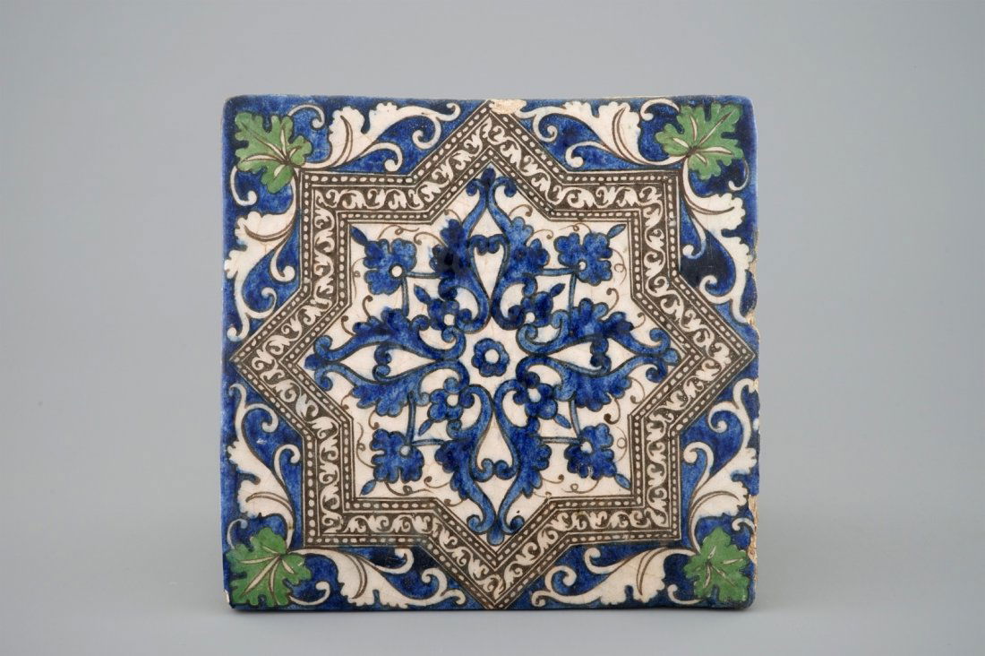 A square polychrome tile, Qajar, Iran, 19th C. (1 of 2)