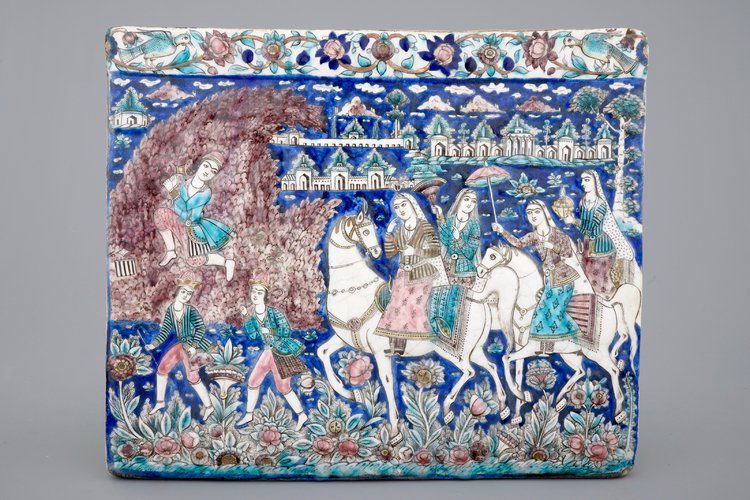 A large rectangular relief-moulded Qajar tile, Iran, (1 of 4)