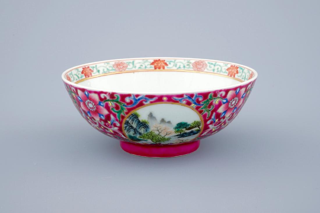 A Chinese ruby ground landscape bowl, 19/20th C. (1 of 7)